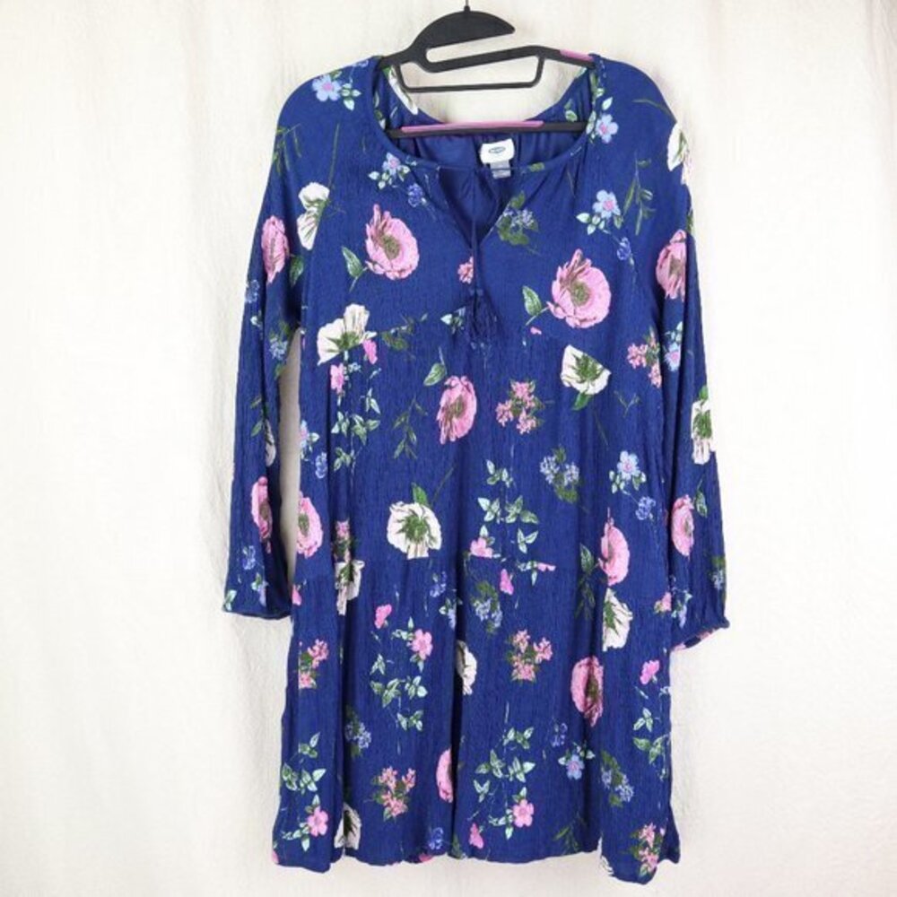Old Navy Dress Tunic Top Navy + Pink Floral Shirtdress Babydoll Pleated Large